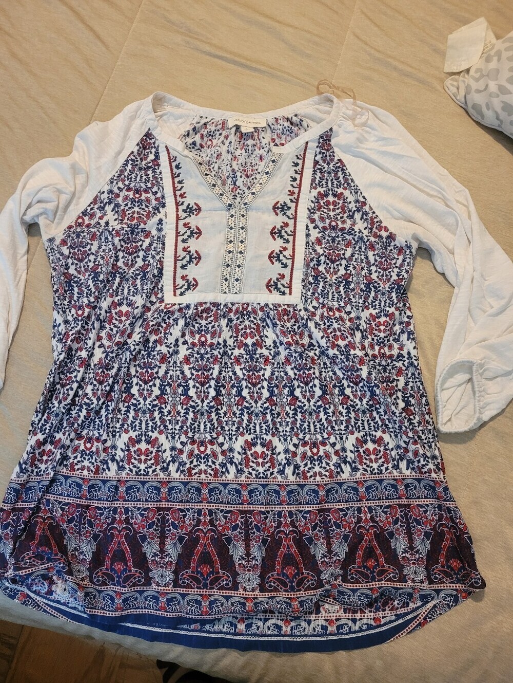 Vintage America White Tunic with Blue and Red Floral Print